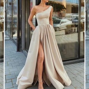 A-Line Long Champagne Satin Ruffles One-Shoulder Dress